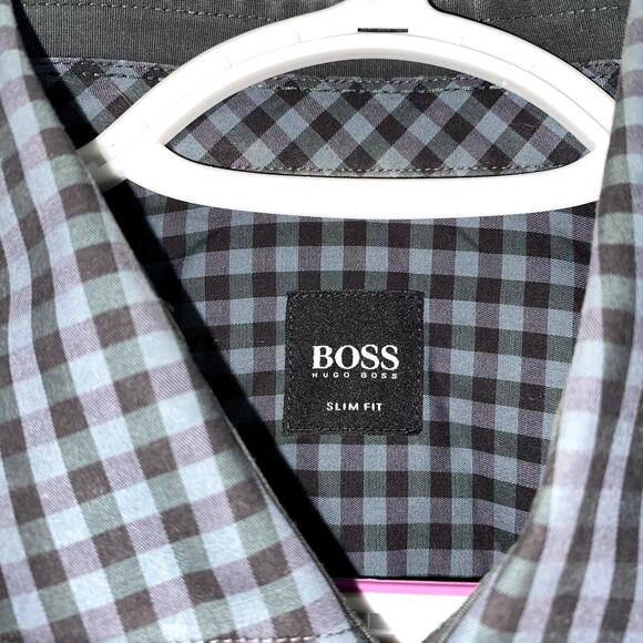 Hugo Boss Men's Slim Fit Checkered Dress Shirt Blue Gray Gingham Long Sleeve M - Picture 4 of 11